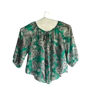 By & By Floral Paisley Blouse Green‎ 3/4 Sleeve Tie Neck Top Size L